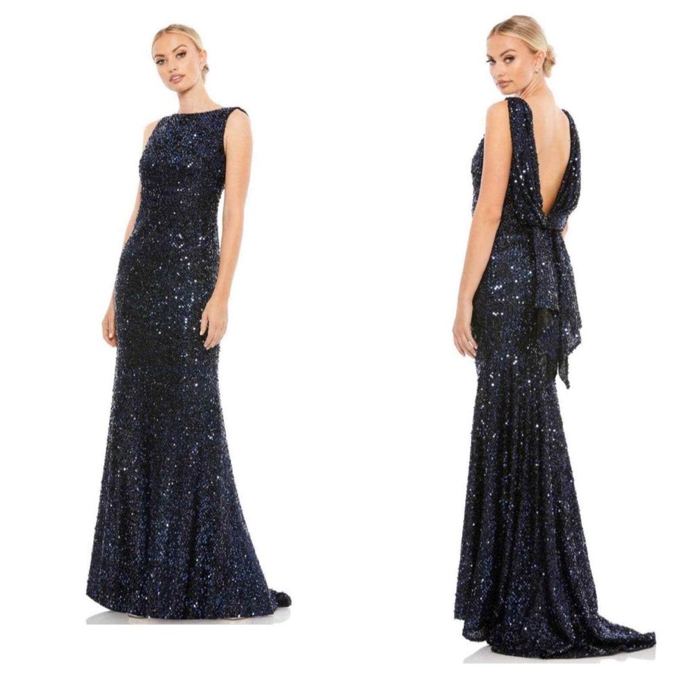 Mac Duggal Midnight Blue Black Sequin Drape Back Trumpet Gown